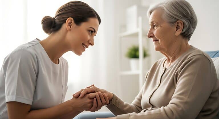 Young caregiver holding elderly woman's hand, showing compassion and support.